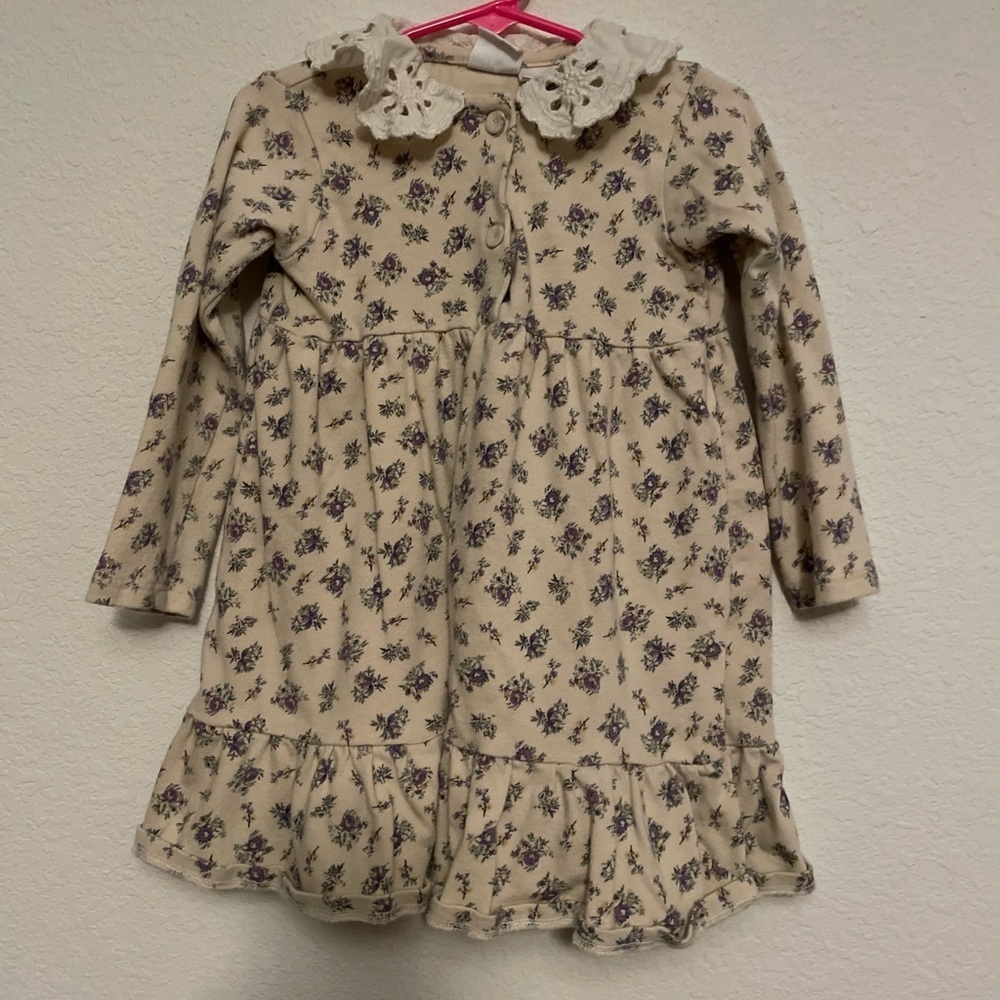 Zara Cream and Purple Floral Kids Dress with delicate lace collar size 4/5Y